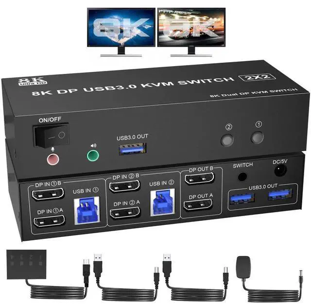 Main image of 2 Port Dual Monitor DisplayPort 1.4 KVM Switch 8K@60Hz 4K@144Hz, USB3.0 DP KVM Switcher for 2 Computers 2 Monitors, with Audio Microphone Output & 3 USB 3.0 Ports