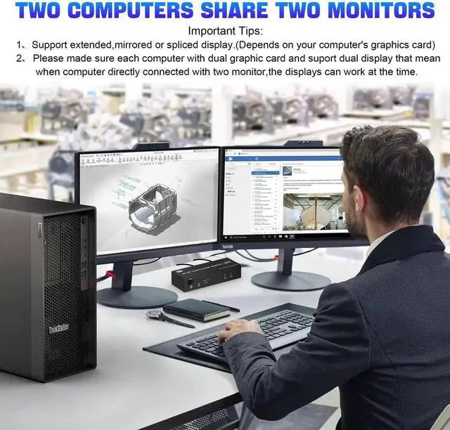 Alt view image 7 of 7 - 2 Port Dual Monitor DisplayPort 1.4 KVM Switch 8K@60Hz 4K@144Hz, USB3.0 DP KVM Switcher for 2 Computers 2 Monitors, with Audio Microphone Output & 3 USB 3.0 Ports