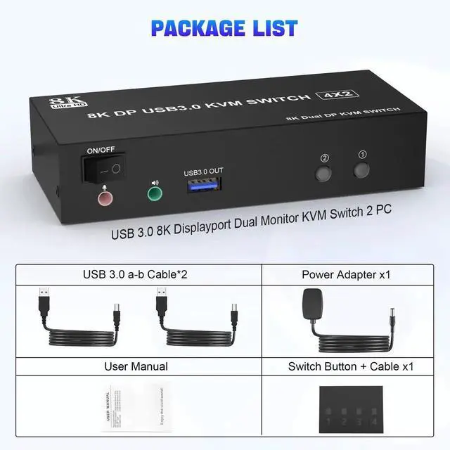 Alt view image 2 of 7 - 2 Port Dual Monitor DisplayPort 1.4 KVM Switch 8K@60Hz 4K@144Hz, USB3.0 DP KVM Switcher for 2 Computers 2 Monitors, with Audio Microphone Output & 3 USB 3.0 Ports