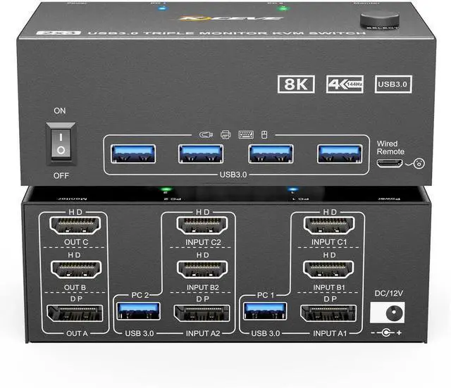 Main image of 2 Computers Triple Monitor HDMI+DP KVM Switch 8K@60Hz 4K@144Hz, Triple Screen KVM Switcher Sharing Keyboard Mouse, With Power Adapter, Wired Extended Controller & USB3.0 Cables