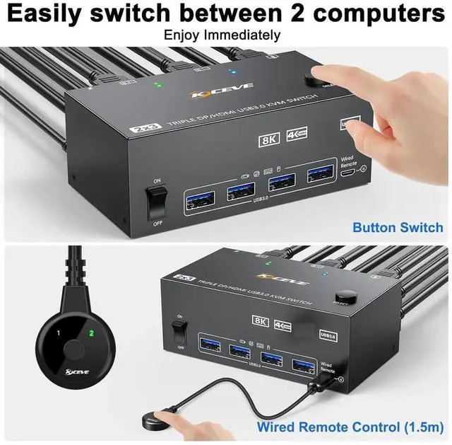 Alt view image 3 of 7 - 2 Computers Triple Monitor HDMI+DP KVM Switch 8K@60Hz 4K@144Hz, Triple Screen KVM Switcher Sharing Keyboard Mouse, With Power Adapter, Wired Extended Controller & USB3.0 Cables