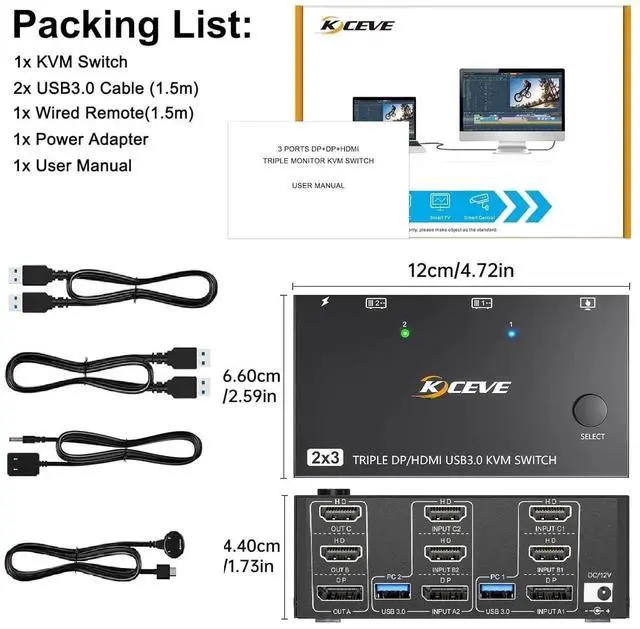 Alt view image 7 of 7 - 2 Computers Triple Monitor HDMI+DP KVM Switch 8K@60Hz 4K@144Hz, Triple Screen KVM Switcher Sharing Keyboard Mouse, With Power Adapter, Wired Extended Controller & USB3.0 Cables