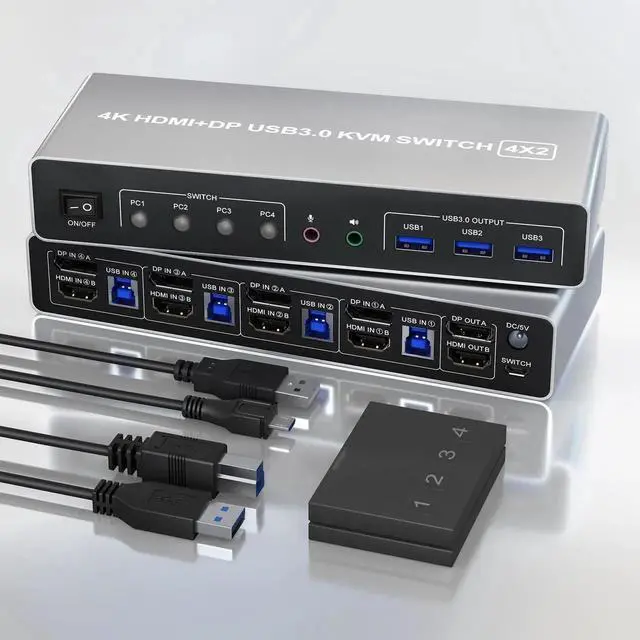 Main image of 4 Port Dual Monitor KVM Switch HDMI+DisplayPort 4K@60Hz, USB3.0 4 In 2 Out KVM Switcher with Audio Microphone Output & 3 USB 3.0 Ports for 4 Computers Sharing 2 Monitors