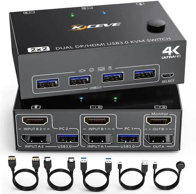 Main image of 2 Computer 2 Monitor DisplayPort HDMI KVM Switch, USB 3.0 Dual Monitor KVM Switcher, 4K@60Hz Video Switch Box for 2 PCs Share Keyboard Mouse Monitor