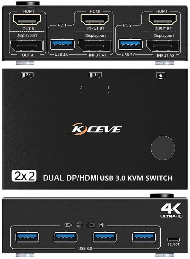 Alt view image 2 of 7 - 2 Computer 2 Monitor DisplayPort HDMI KVM Switch, USB 3.0 Dual Monitor KVM Switcher, 4K@60Hz Video Switch Box for 2 PCs Share Keyboard Mouse Monitor