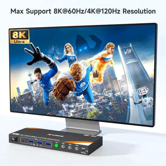 Alt view image 3 of 7 - 4 Port HDMI KVM Switch 4K@120Hz 8K@60Hz, USB 3.0 Single Monitor KVM Switcher for 4 Computers Share Keyboard Mouse and Display