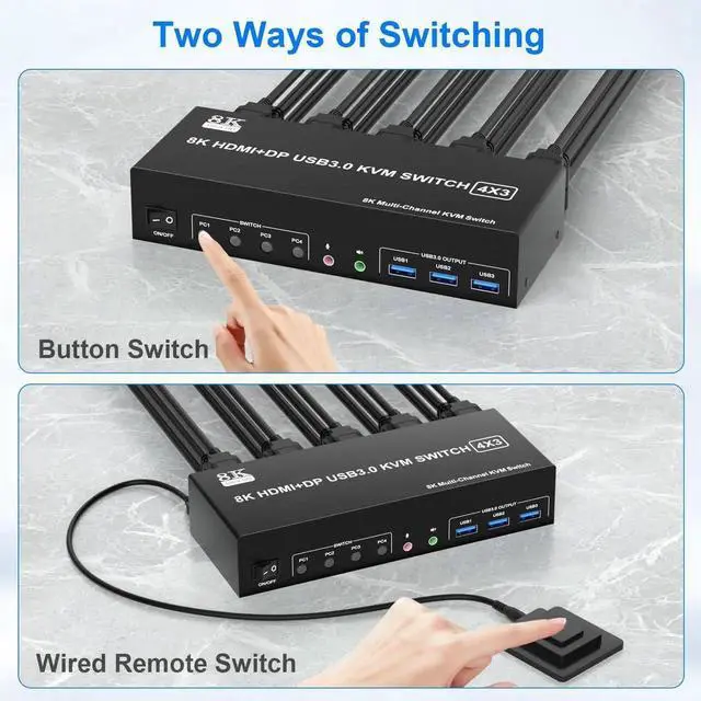 Alt view image 5 of 7 - 4 Computers Triple Monitor KVM Switch 8K@60Hz 4K@144Hz, 2 HDMI+1 DisplayPort KVM Switcher with 3 USB3.0 Ports, Support Extended & Duplicate Display Mode