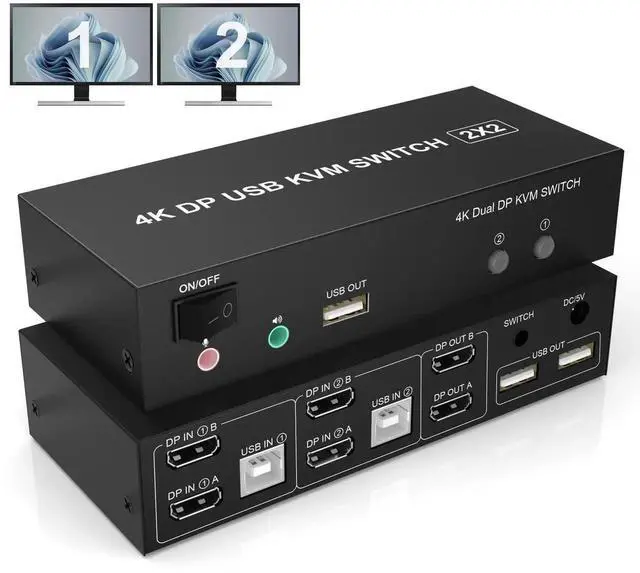 Main image of 2 Computers Dual Monitor DisplayPort KVM Switch 4K@60Hz, Extended Display DP KVM Switcher with Audio Microphone & 3 USB Ports, Share Monitor Keyboard Mouse for PC