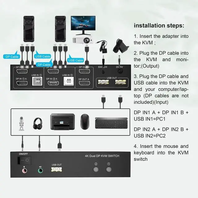 Alt view image 3 of 7 - 2 Computers Dual Monitor DisplayPort KVM Switch 4K@60Hz, Extended Display DP KVM Switcher with Audio Microphone & 3 USB Ports, Share Monitor Keyboard Mouse for PC