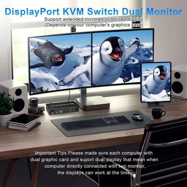 Alt view image 7 of 7 - 2 Computers Dual Monitor DisplayPort KVM Switch 4K@60Hz, Extended Display DP KVM Switcher with Audio Microphone & 3 USB Ports, Share Monitor Keyboard Mouse for PC