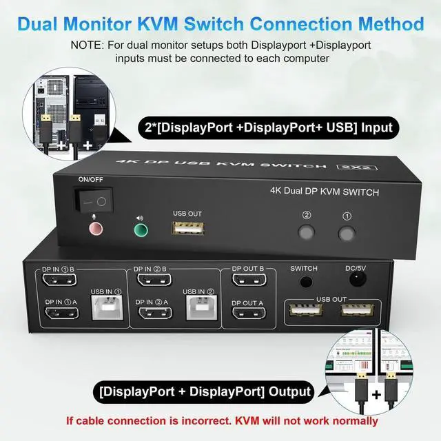 Alt view image 2 of 7 - 2 Computers Dual Monitor DisplayPort KVM Switch 4K@60Hz, Extended Display DP KVM Switcher with Audio Microphone & 3 USB Ports, Share Monitor Keyboard Mouse for PC