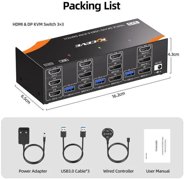 Alt view image 5 of 7 - 3 Computers Triple Monitor HDMI DP KVM Switch 8K@60Hz 4K@120Hz, 3 In 3 Out Triple Screen KVM Switcher Share Keyboard Mouse, With Power Adapter, Wired Controller & USB3.0 Cables