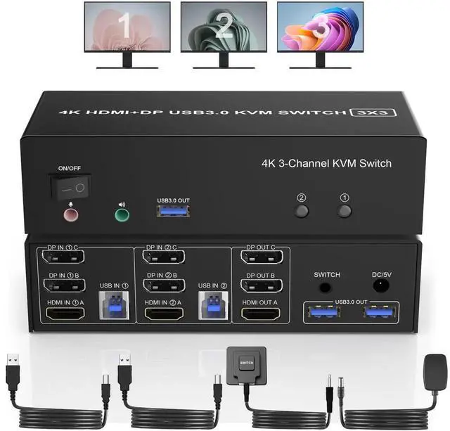 Main image of 2 Computers Triple Monitor KVM Switch, HDMI + 2 DisplayPort USB 3.0 KVM Switcher 4K@60Hz with Audio Microphone & 3 USB3.0 Ports, Share Keyboard Mouse 3 Displays