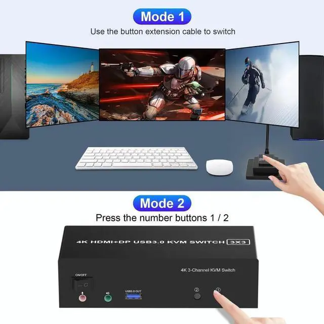Alt view image 7 of 7 - 2 Computers Triple Monitor KVM Switch, HDMI + 2 DisplayPort USB 3.0 KVM Switcher 4K@60Hz with Audio Microphone & 3 USB3.0 Ports, Share Keyboard Mouse 3 Displays