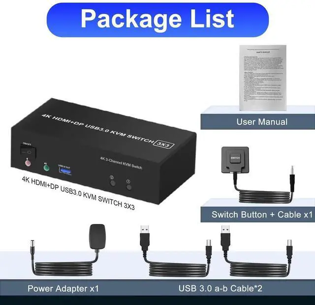 Alt view image 3 of 7 - 2 Computers Triple Monitor KVM Switch, HDMI + 2 DisplayPort USB 3.0 KVM Switcher 4K@60Hz with Audio Microphone & 3 USB3.0 Ports, Share Keyboard Mouse 3 Displays