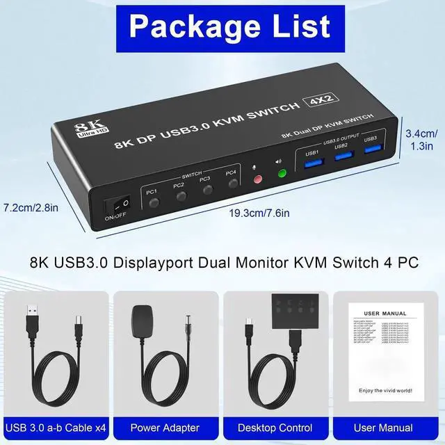 Alt view image 2 of 7 - 4 Port Dual Monitor DisplayPort 1.4 KVM Switch 8K@60Hz, USB3.0 4 In 2 Out DP KVM Switcher with Audio Microphone & 3 USB3.0 Ports for 4 PCs Share 2 Displays