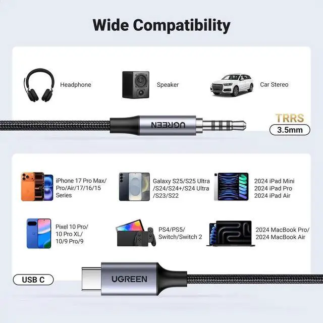 Alt view image 4 of 7 - UGREEN USB C to 3.5mm Audio Cable, Type C to Aux Jack Cord with Mic HiFi Stereo TRRS Headphone Adapter 3.3FT Compatible with iPhone 17 16 15 Pro Max Plus Galaxy S25 Ultra Pixel 10 iPad