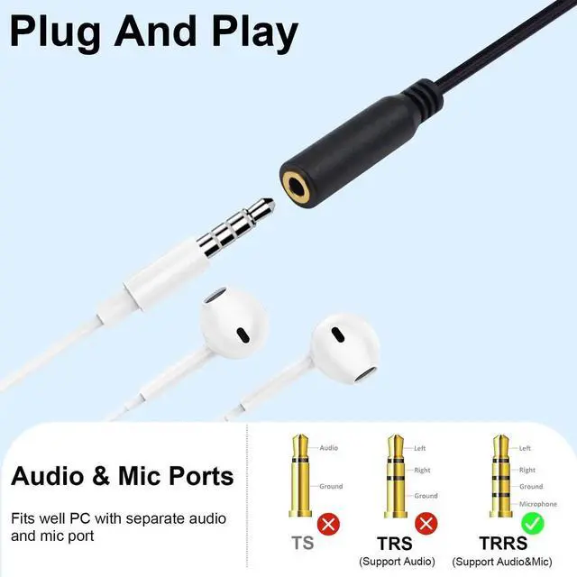 Alt view image 3 of 7 - 1 to 4 Ways USB C to 3.5mm TRRS Audio Cable, Type C Male to Female Headphone Mic Splitter Cord 1FT/30CM HiFi Stereo Audio Adapter Compatible with Galaxy MacBook Smart Phone Speaker