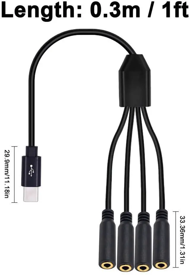 Alt view image 4 of 7 - 1 to 4 Ways USB C to 3.5mm TRRS Audio Cable, Type C Male to Female Headphone Mic Splitter Cord 1FT/30CM HiFi Stereo Audio Adapter Compatible with Galaxy MacBook Smart Phone Speaker