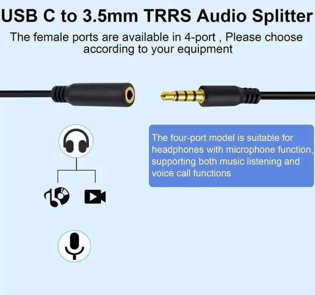 Alt view image 2 of 7 - 1 to 4 Ways USB C to 3.5mm TRRS Audio Cable, Type C Male to Female Headphone Mic Splitter Cord 1FT/30CM HiFi Stereo Audio Adapter Compatible with Galaxy MacBook Smart Phone Speaker