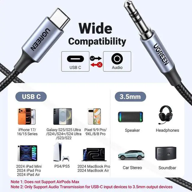 Alt view image 7 of 7 - UGREEN USB C to 3.5mm Audio Cable, Type C Male to Aux Jack HiFi Stereo Car Aux Cord 3.3FT Grey Headphone Audio Adapter Compatible with iPhone 17 16 15 Pro Max Galaxy S25 S24 Ultra iPad Pixel 10