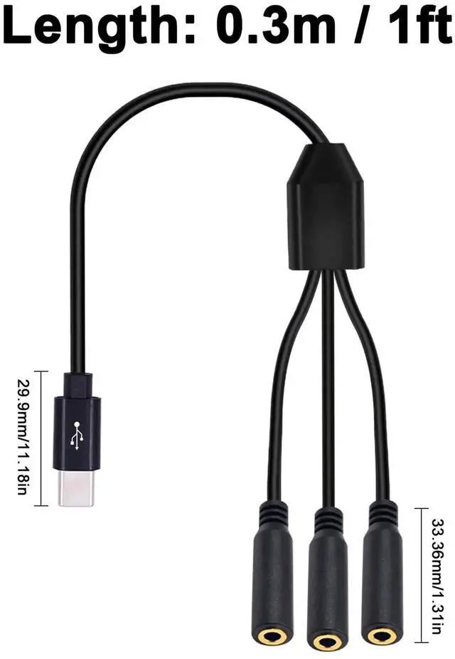 Alt view image 6 of 7 - 1FT/30CM 1 in 3 Out USB C to 3.5mm TRRS Audio Splitter Cable, Type C Male to Triple 3.5mm Female Aux Cord Support Mic Stereo Sound Compatible with Galaxy MacBook Smartphone