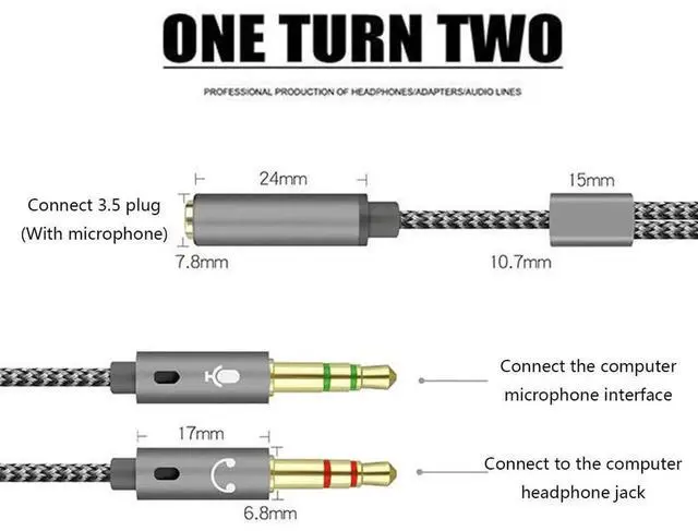 Alt view image 5 of 6 - 3.5mm Audio Mic Splitter Cable, Female to Dual Male Headphone Microphone Stereo Jack Adapter Cord for PC Computer Laptop Gaming Headset