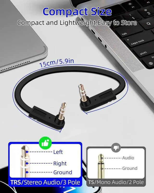 Alt view image 5 of 7 - 2 Pack 0.49FT/0.15M Dual 90 Degree Flat 3.5mm Audio Cable, Right Angle Male to Male Slim Stereo Aux Cord for Car Audio Phone Tablet Home Speaker