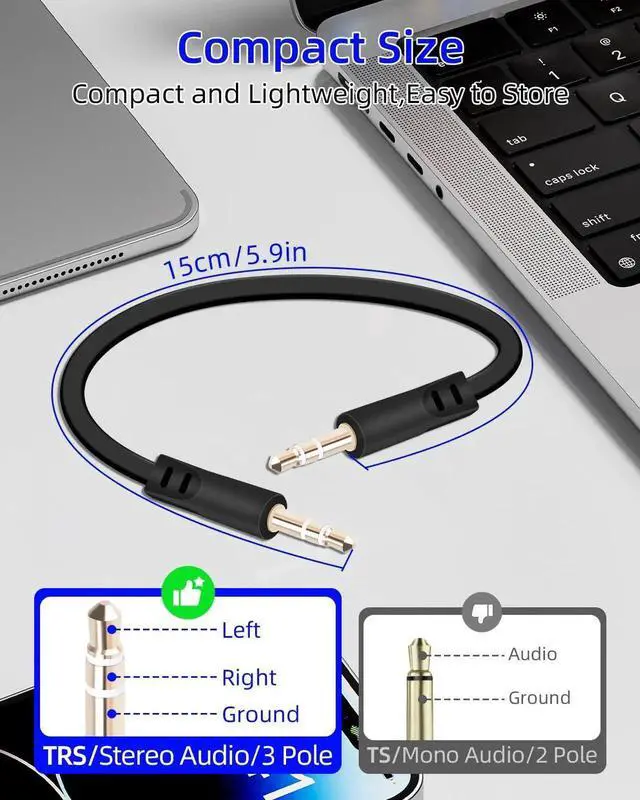 Alt view image 3 of 7 - 2 Pack 0.49FT 0.15M 3.5mm Male to Male Flat Audio Cable, Slim Flat Stereo Aux Cord for Car Audio Phone Tablet Home Speaker Headphone