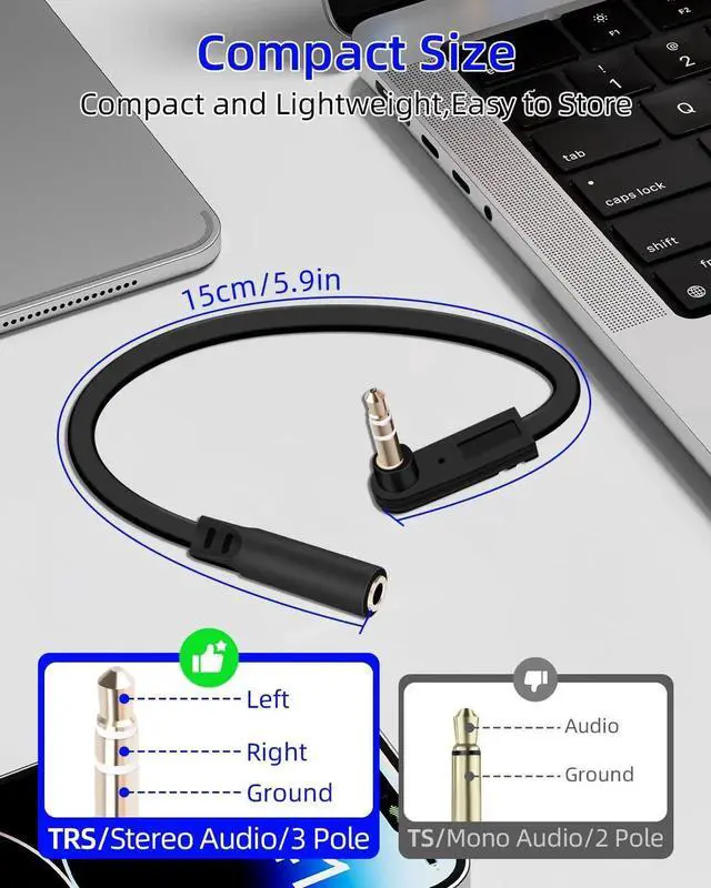 Alt view image 3 of 7 - 2 Pack 0.49FT 0.15M 90 Degree Flat 3.5mm Audio Extension Cable, Right Angle Male to Female Slim Flat Aux Cord for Car Audio Phone Home Speaker