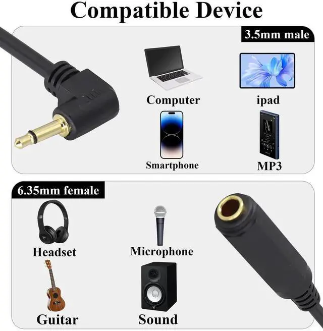 Alt view image 4 of 7 - 2 Pack 30CM Right Angle 90 Degree 6.35mm 1/4" Mono Female to 3.5mm 1/8" TS Mono Male Audio Cable Plug Adapter Cord for Microphone Sound Card Guitar Amplifier
