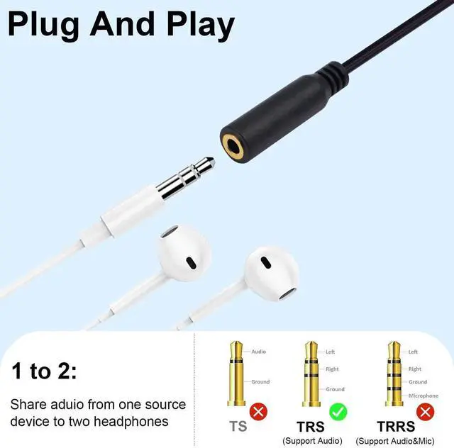 Alt view image 7 of 7 - 30CM 1FT 1 to 2 Ways USB C to 3.5mm TRS Female Audio Y Splitter Cable Type-C Stereo Headphone Jack Adapter Compatible with Galaxy MacBook Smartphone Laptop