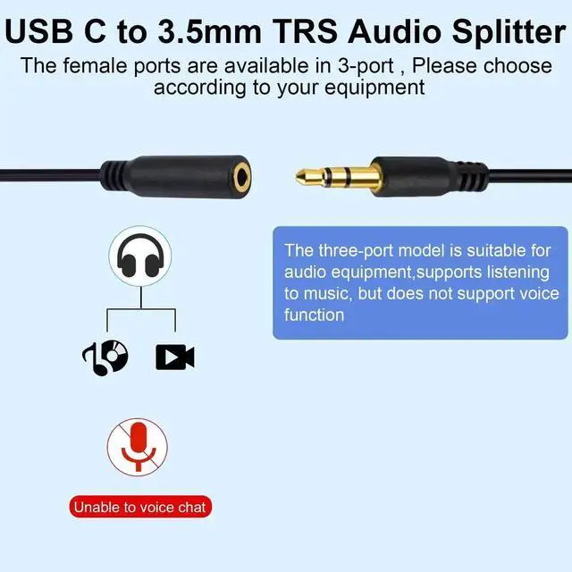 Alt view image 5 of 7 - 30CM 1FT 1 to 2 Ways USB C to 3.5mm TRS Female Audio Y Splitter Cable Type-C Stereo Headphone Jack Adapter Compatible with Galaxy MacBook Smartphone Laptop