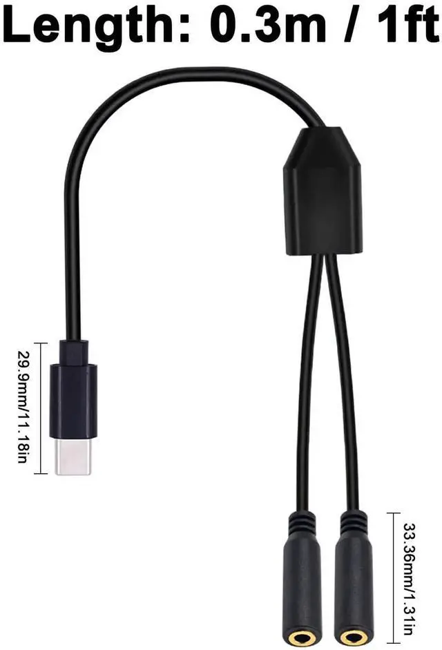 Alt view image 3 of 7 - 30CM 1FT 1 to 2 Ways USB C to 3.5mm TRS Female Audio Y Splitter Cable Type-C Stereo Headphone Jack Adapter Compatible with Galaxy MacBook Smartphone Laptop
