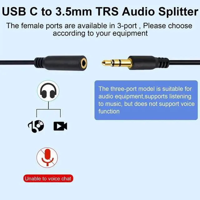 Alt view image 5 of 7 - 30CM 1FT 1 to 6 Ways USB C to 3.5mm TRS Female Audio Splitter Cable Type-C Multi Port Stereo Headphone Jack Adapter for Galaxy MacBook Android Phone Laptop