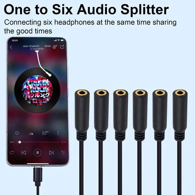Alt view image 4 of 7 - 30CM 1FT 1 to 6 Ways USB C to 3.5mm TRS Female Audio Splitter Cable Type-C Multi Port Stereo Headphone Jack Adapter for Galaxy MacBook Android Phone Laptop
