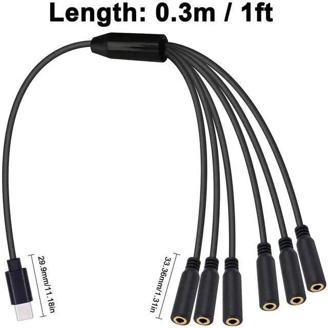 Alt view image 7 of 7 - 30CM 1FT 1 to 6 Ways USB C to 3.5mm TRS Female Audio Splitter Cable Type-C Multi Port Stereo Headphone Jack Adapter for Galaxy MacBook Android Phone Laptop