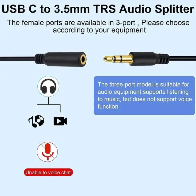 Alt view image 4 of 7 - 30CM 1FT 4-in-1 USB C to 3.5mm TRS Female Audio Splitter Cable Type-C Multi Port Stereo Headphone Jack Cord for Galaxy MacBook Type-C Phone Laptop