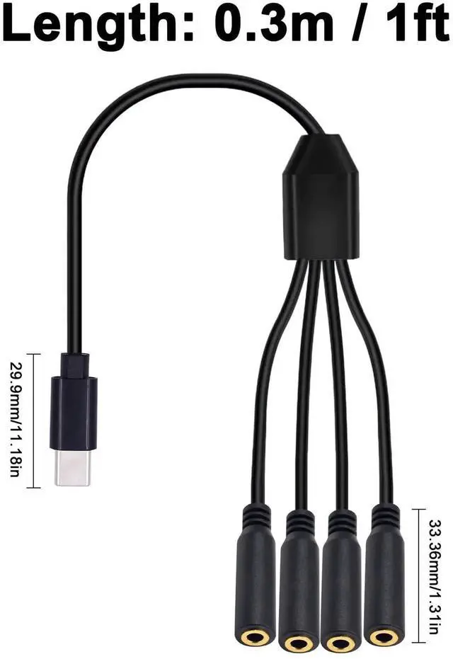 Alt view image 7 of 7 - 30CM 1FT 4-in-1 USB C to 3.5mm TRS Female Audio Splitter Cable Type-C Multi Port Stereo Headphone Jack Cord for Galaxy MacBook Type-C Phone Laptop