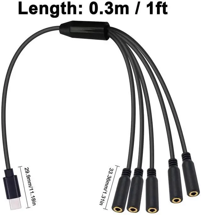 Alt view image 7 of 7 - 30cm 1FT 5-in-1 USB C to 3.5mm TRS Female Audio Splitter Cable Type-C Multi Port Stereo Headphone Jack Cord for Galaxy MacBook Android Phone Laptop