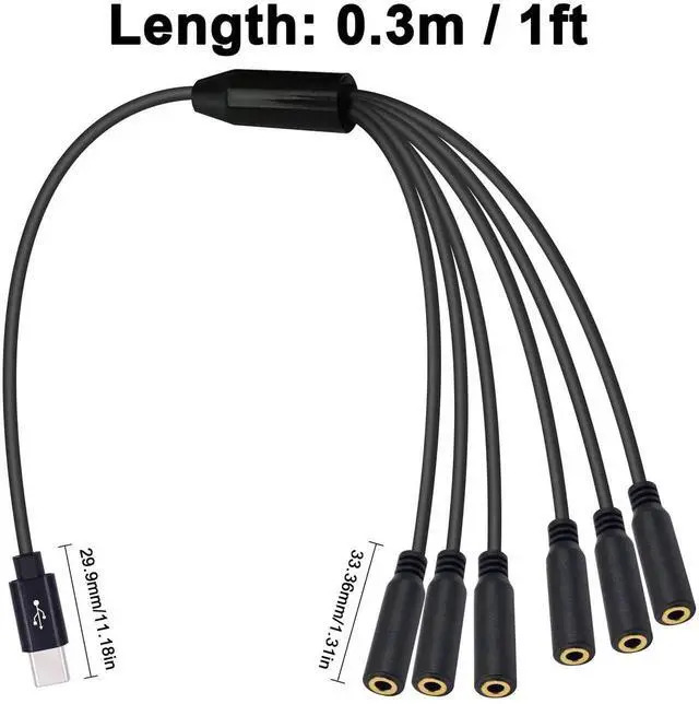 Alt view image 2 of 7 - 30CM 1FT 1 to 6 Ways USB C to 3.5mm TRRS Female Audio Mic Splitter Cable Type-C Stereo Headphone Microphone Jack Adapter for Galaxy MacBook Phone Laptop