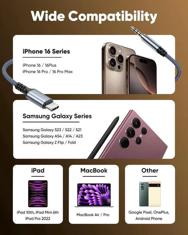 Alt view image 6 of 7 - 2 Pack 3.3FT USB C to 3.5mm AUX Audio Cable Type C to 3.5mm Headphone Stereo Cord Compatible with iPhone 16 15 iPad Pro Galaxy S23 S22 S21 Pixel Android Phone Car Speaker