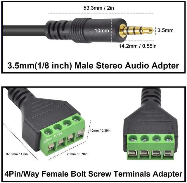 Alt view image 4 of 7 - 2 Pack 30cm 3.5mm TRRS 4-Pole Male to 4 Pin Screw Terminal Block Audio Cable Solderless Speaker Wire Headphone AV Wiring Adapter Cord