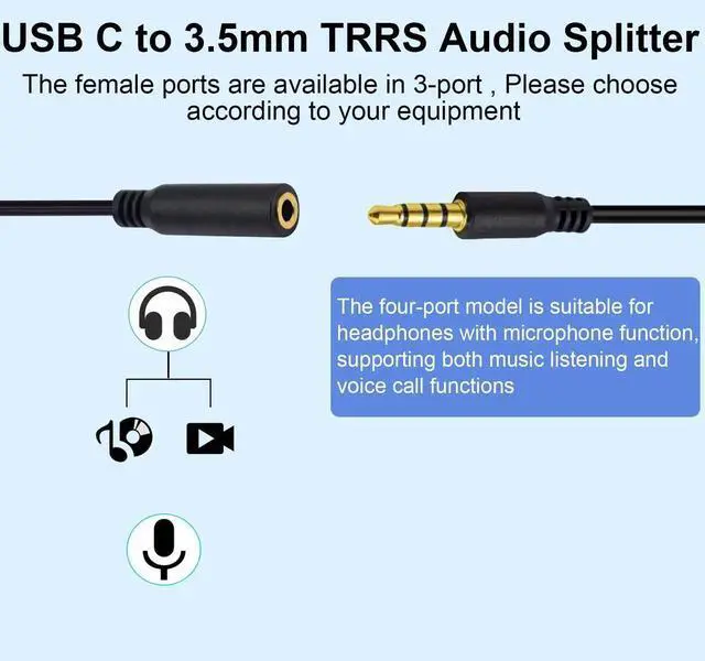 Alt view image 7 of 7 - 30cm 1FT 5-in-1 USB C to 3.5mm TRRS Female Audio Mic Splitter Cable Type C Stereo Headphone Microphone Aux Jack Adapter for Galaxy MacBook Phone Laptop