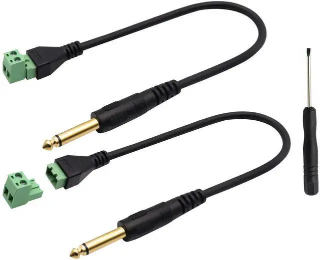 Main image of 2 Pack 30CM 6.35mm 1/4 Inch 2-Pole Mono Male to 2 Pin Screw Terminal Block Cable Solderless Shielded Microphone Audio Wiring Adapter Cord