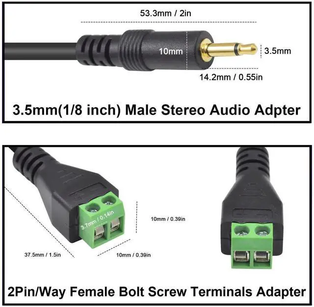 Alt view image 7 of 7 - 2 Pack 30cm 3.5mm 1/8 Inch TS Mono Male to 2 Pin Screw Terminal Cable Solderless Headphone Audio Balun Wiring Adapter Cord