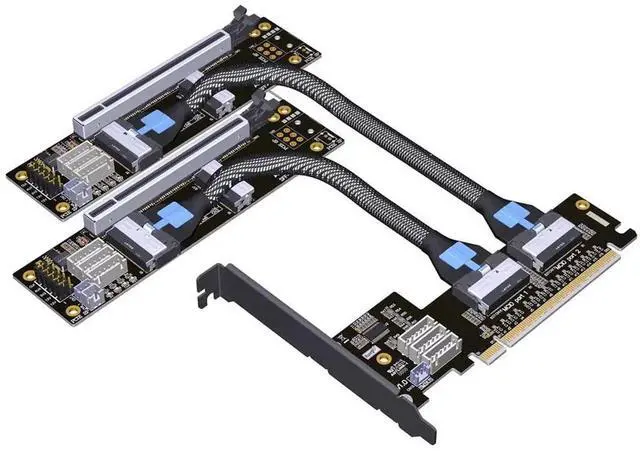 Main image of ADT-F36B-F37B-D8S PCIe 4.0 X16 to X8 X8 MCIO Bifurcation Riser Card 256Gbps SFF-TA-1016 High Speed Split Extender with 50cm Power Cable