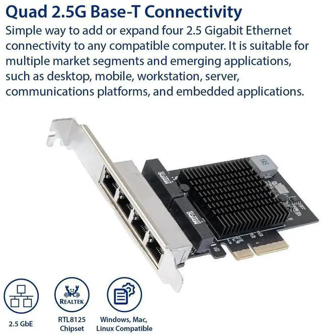 Alt view image 4 of 6 - Quad 2.5G PCIe Network Card, 4 Ports RJ45 Ethernet NIC with Realtek RTL8125 Chip, 10/100/1000/2500Mbps PCI Express LAN Adapter Black SI-PEX24077