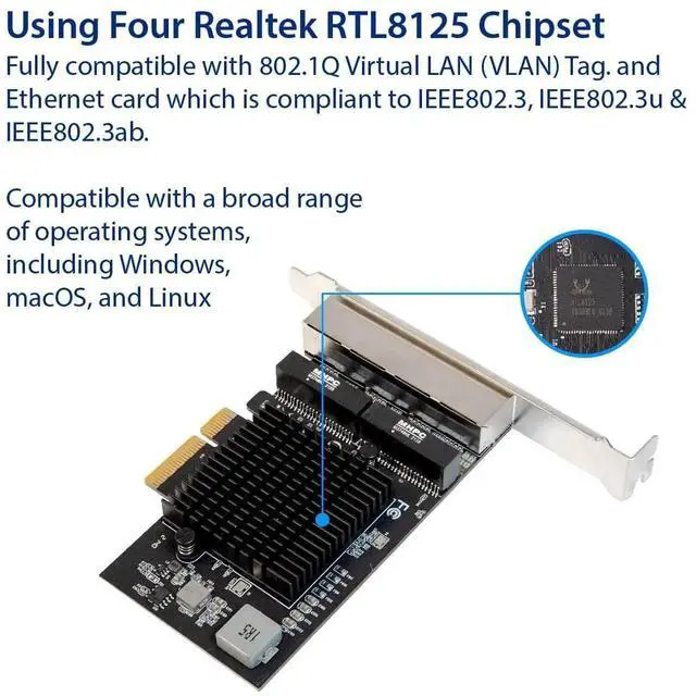 Alt view image 2 of 6 - Quad 2.5G PCIe Network Card, 4 Ports RJ45 Ethernet NIC with Realtek RTL8125 Chip, 10/100/1000/2500Mbps PCI Express LAN Adapter Black SI-PEX24077