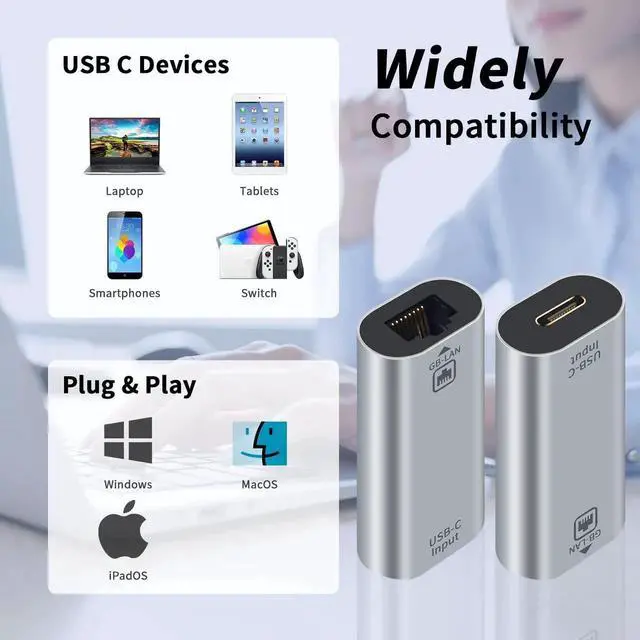 Alt view image 4 of 6 - Gigabit USB C to RJ45 Ethernet Adapter, USB-C Female to RJ45 Female 1000Mbps LAN Network Converter Compatible with MacBook Pro iPad Laptop